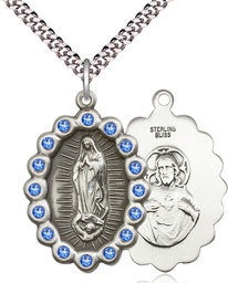 [2010FSASS/24S] Sterling Silver Our Lady of Guadalupe Pendant with Sapphire Swarovski stones on a 24 inch Light Rhodium Heavy Curb chain