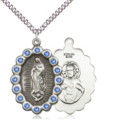 [2010FSASS/24SS] Sterling Silver Our Lady of Guadalupe Pendant with Sapphire Swarovski stones on a 24 inch Sterling Silver Heavy Curb chain