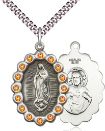 [2010FTPSS/24S] Sterling Silver Our Lady of Guadalupe Pendant with Topaz Swarovski stones on a 24 inch Light Rhodium Heavy Curb chain