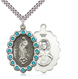 [2010FZCSS/24S] Sterling Silver Our Lady of Guadalupe Pendant with Zircon Swarovski stones on a 24 inch Light Rhodium Heavy Curb chain
