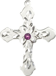 [6037SS3-STN2] Sterling Silver Cross Medal with a 3mm Amethyst Swarovski stone