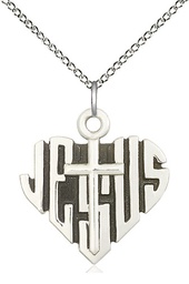[6042SS/18SS] Sterling Silver Heart of Jesus w/Cross Pendant on a 18 inch Sterling Silver Light Curb chain