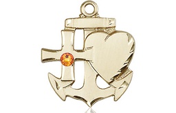 [6045KT-STN11] 14kt Gold Faith, Hope &amp; Charity Medal with a 3mm Topaz Swarovski stone