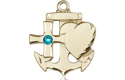 [6045KT-STN12] 14kt Gold Faith, Hope &amp; Charity Medal with a 3mm Zircon Swarovski stone