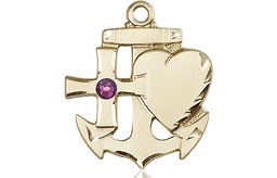 [6045KT-STN2] 14kt Gold Faith, Hope &amp; Charity Medal with a 3mm Amethyst Swarovski stone