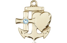 [6045KT-STN3] 14kt Gold Faith, Hope &amp; Charity Medal with a 3mm Aqua Swarovski stone