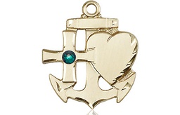[6045KT-STN5] 14kt Gold Faith, Hope &amp; Charity Medal with a 3mm Emerald Swarovski stone