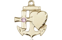 [6045KT-STN6] 14kt Gold Faith, Hope &amp; Charity Medal with a 3mm Light Amethyst Swarovski stone