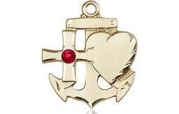 [6045KT-STN7] 14kt Gold Faith, Hope &amp; Charity Medal with a 3mm Ruby Swarovski stone
