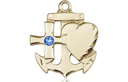 [6045KT-STN9] 14kt Gold Faith, Hope &amp; Charity Medal with a 3mm Sapphire Swarovski stone