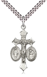 [6055SS/24S] Sterling Silver Jesus, Mary, Our Lady of La Salette Pendant on a 24 inch Light Rhodium Heavy Curb chain