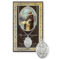 [HI-950-428] St. Dominic Genuine Pewter Medal on a 24" Chain with Biography and Picture Folder