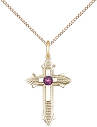 [6058GF-STN2/18GF] 14kt Gold Filled Cross on Cross Pendant with a 3mm Amethyst Swarovski stone on a 18 inch Gold Filled Light Curb chain
