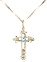 [6058GF-STN3/18GF] 14kt Gold Filled Cross on Cross Pendant with a 3mm Aqua Swarovski stone on a 18 inch Gold Filled Light Curb chain