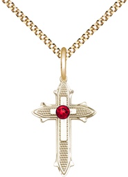 [6058GF-STN7/18G] 14kt Gold Filled Cross on Cross Pendant with a 3mm Ruby Swarovski stone on a 18 inch Gold Plate Light Curb chain