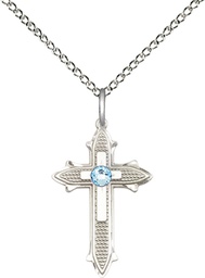 [6058SS-STN3/18SS] Sterling Silver Cross on Cross Pendant with a 3mm Aqua Swarovski stone on a 18 inch Sterling Silver Light Curb chain