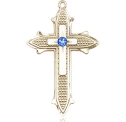 [6059KT-STN9] 14kt Gold Cross on Cross Medal with a 3mm Sapphire Swarovski stone