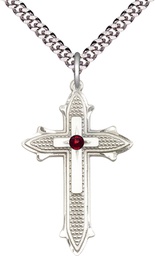 [6059SS-STN1/24S] Sterling Silver Cross on Cross Pendant with a 3mm Garnet Swarovski stone on a 24 inch Light Rhodium Heavy Curb chain