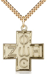 [6074GF/24G] 14kt Gold Filled Light &amp; Life Cross Pendant on a 24 inch Gold Plate Heavy Curb chain