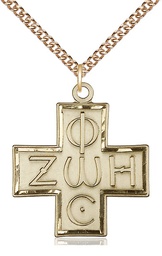 [6074GF/24GF] 14kt Gold Filled Light &amp; Life Cross Pendant on a 24 inch Gold Filled Heavy Curb chain