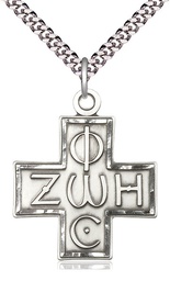 [6074SS/24S] Sterling Silver Light &amp; Life Cross Pendant on a 24 inch Light Rhodium Heavy Curb chain