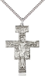 [6077SS/18S] Sterling Silver San Damiano Crucifix Pendant on a 18 inch Light Rhodium Light Curb chain