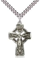 [5684SS/24S] Sterling Silver Celtic Crucifix Pendant on a 24 inch Light Rhodium Heavy Curb chain
