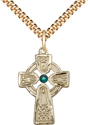 [5689GF-STN5/24G] 14kt Gold Filled Celtic Cross w/ Emerald Stone Pendant with a 3mm Emerald Swarovski stone on a 24 inch Gold Plate Heavy Curb chain