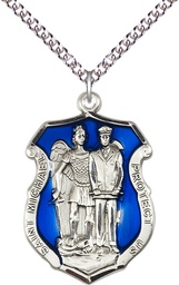 [5694ESS/24SS] Sterling Silver Saint Michael the Archangel Police Shield Pendant on a 24 inch Sterling Silver Heavy Curb chain