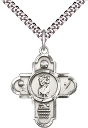 [5712SS/24S] Sterling Silver 5-Way St Christopher Sports Pendant on a 24 inch Light Rhodium Heavy Curb chain