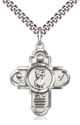 [5712SS/24S] Sterling Silver 5-Way St Christopher Sports Pendant on a 24 inch Light Rhodium Heavy Curb chain