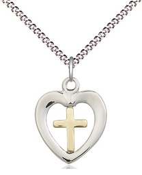 [4247GF/SS/18S] Two-Tone GF/SS Heart Cross Pendant on a 18 inch Light Rhodium Light Curb chain