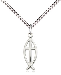 [4251SS/18S] Sterling Silver Fish Cross Pendant on a 18 inch Light Rhodium Light Curb chain
