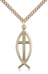 [4252GF/24GF] 14kt Gold Filled Fish Cross Pendant on a 24 inch Gold Filled Heavy Curb chain