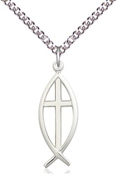 [4252SS/24SS] Sterling Silver Fish Cross Pendant on a 24 inch Sterling Silver Heavy Curb chain