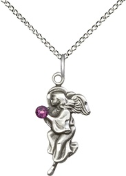 [4260SS-STN2/18SS] Sterling Silver Guardian Angel Pendant with a 3mm Amethyst Swarovski stone on a 18 inch Sterling Silver Light Curb chain