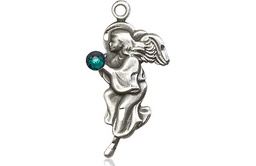[4260SS-STN5] Sterling Silver Guardian Angel Medal with a 3mm Emerald Swarovski stone