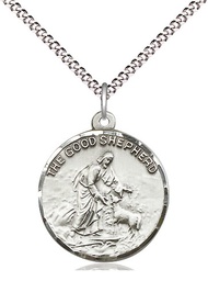 [4264SS/18S] Sterling Silver Good Shepherd Pendant on a 18 inch Light Rhodium Light Curb chain