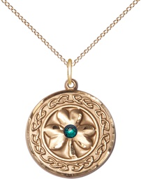 [5106GF-STN5/18GF] 14kt Gold Filled Shamrock w/Celtic Border &amp; Emerald Stone Pendant with a 3mm Emerald Swarovski stone on a 18 inch Gold Filled Light Curb chain