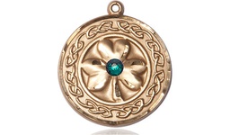 [5106KT-STN5] 14kt Gold Shamrock w/Celtic Border &amp; Emerald Stone Medal with a 3mm Emerald Swarovski stone