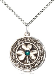 [5106SS-STN5/18SS] Sterling Silver Shamrock w/Celtic Border &amp; Emerald Stone Pendant with a 3mm Emerald Swarovski stone on a 18 inch Sterling Silver Light Curb chain