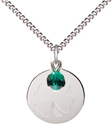 [5107EMSS/18S] Sterling Silver Shamrock Pendant with a Emerald bead on a 18 inch Light Rhodium Light Curb chain