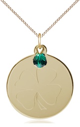 [5108EMGF/18GF] 14kt Gold Filled Shamrock Pendant with a Emerald bead on a 18 inch Gold Filled Light Curb chain