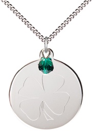 [5108EMSS/18S] Sterling Silver Shamrock Pendant with a Emerald bead on a 18 inch Light Rhodium Light Curb chain