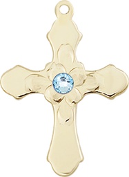 [6036KT4-STN3] 14kt Gold Cross Medal with a 3mm Aqua Swarovski stone
