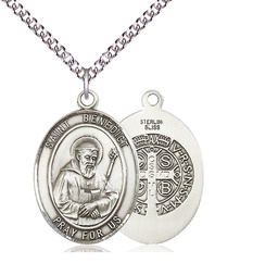 [7008SS/24SS] Sterling Silver Saint Benedict Pendant on a 24 inch Sterling Silver Heavy Curb chain