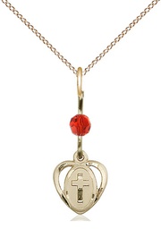 [5411RBGF/18GF] 14kt Gold Filled Heart Cross Pendant with a Ruby bead on a 18 inch Gold Filled Light Curb chain