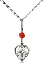 [5411RBSS/18SS] Sterling Silver Heart Cross Pendant with a LSI bead on a 18 inch Sterling Silver Light Curb chain