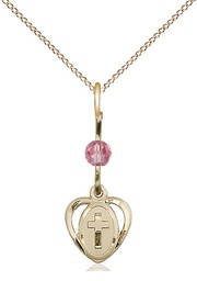 [5411ROGF/18GF] 14kt Gold Filled Heart Cross Pendant with a Rose bead on a 18 inch Gold Filled Light Curb chain