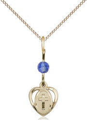 [5411SAGF/18GF] 14kt Gold Filled Heart Cross Pendant with a Sapphire bead on a 18 inch Gold Filled Light Curb chain